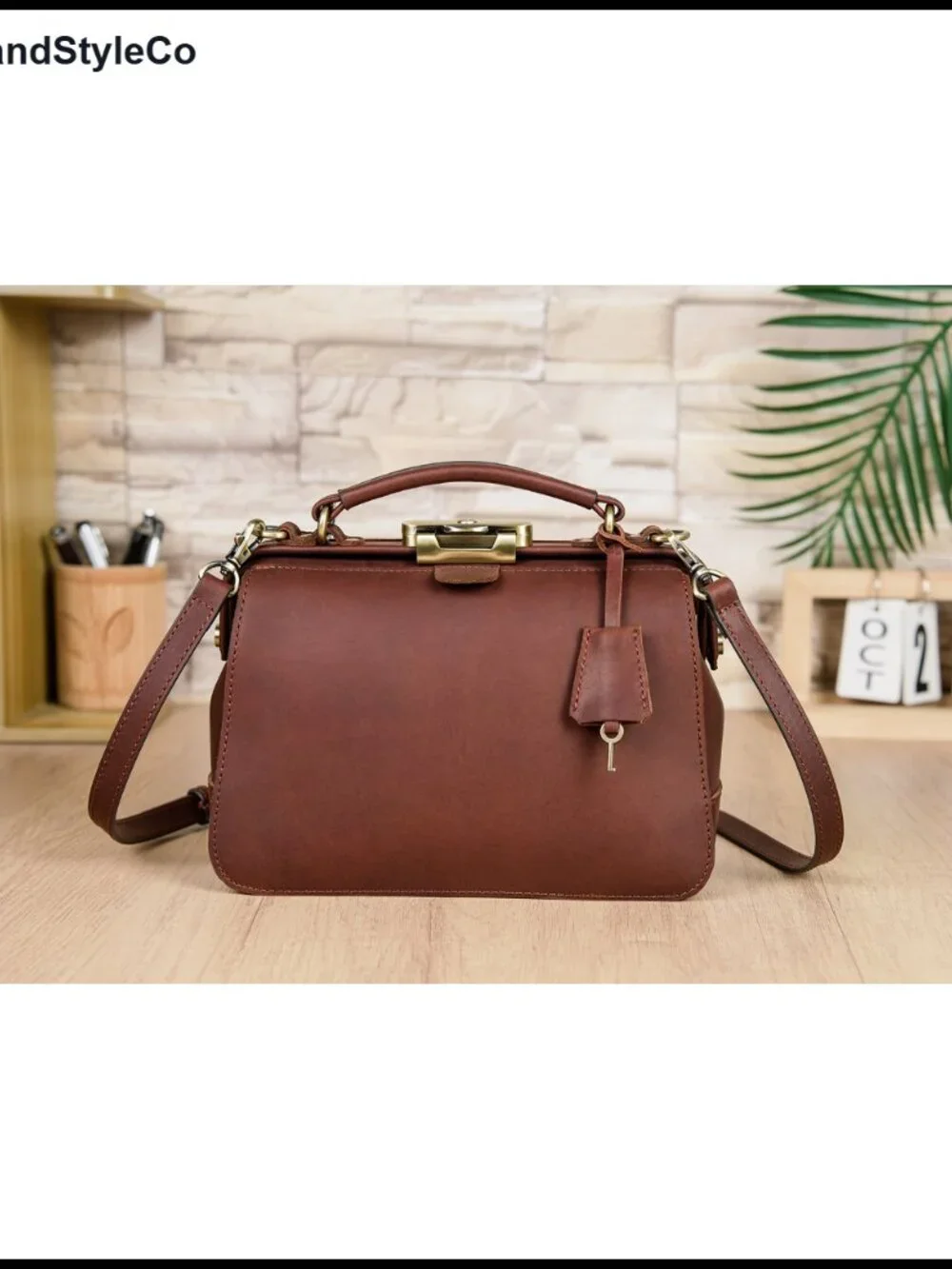 Full Grain Leather Doctor Bag Purse Vintage Top Handle Lockable Retro Women's